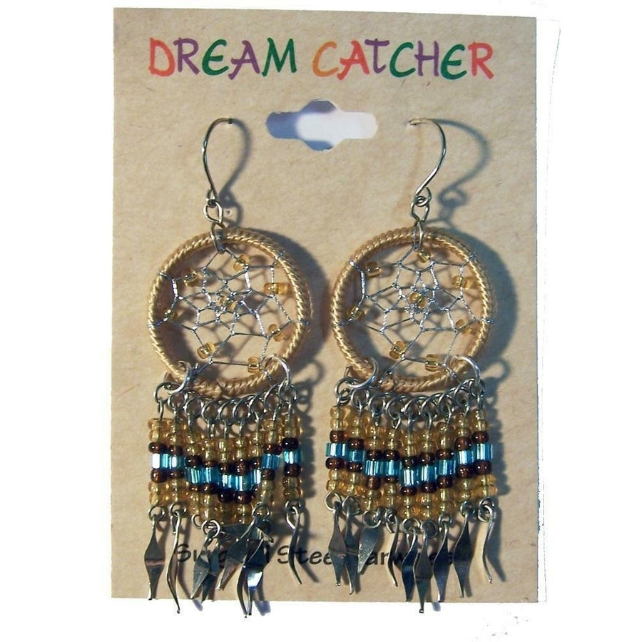 1 PAIR TAN DREAM CATCHER EARRINGS W SEED BEADS surgical steel womens EARRING Image 1