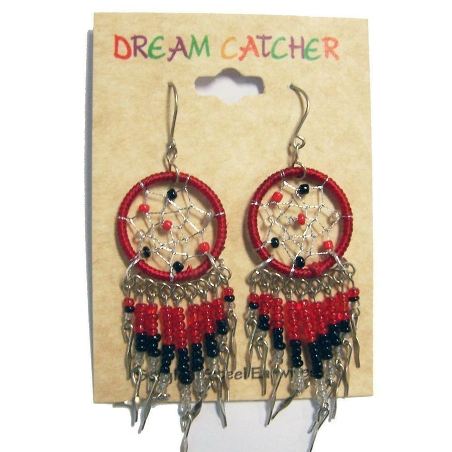 1 PAIR RED DREAM CATCHER EARRINGS W SEED BEADS surgical steel womens EARRING Image 1