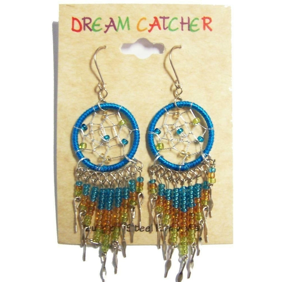1 PAIR TURQUOISE BLUE DREAM CATCHER EARRINGS W SEED BEADS surgical steel womens Image 1