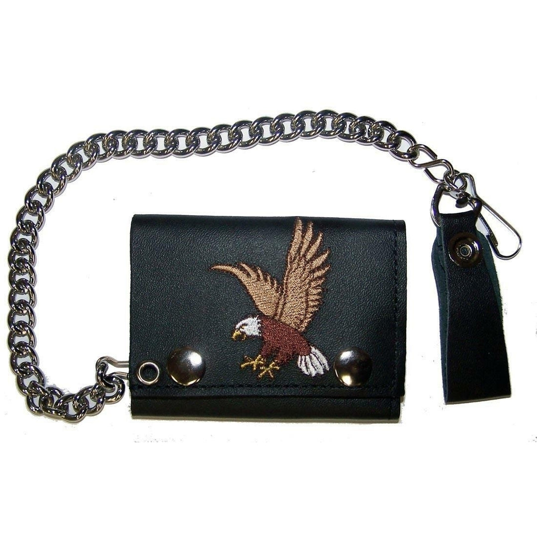 EMBROIDERED FLYING EAGLE TRI FOLD BIKER WALLET With CHAIN LEATHER #622 bikers Image 1