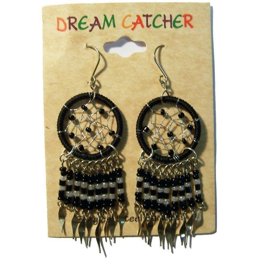 1 PAIR BLACK DREAM CATCHER EARRINGS W SEED BEADS surgical steel womens EARRING Image 1