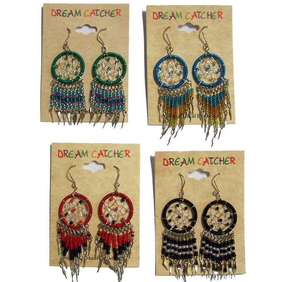 6 PAIR ASST COLOR DREAM CATCHER EARRINGS W SEED BEADS surgical steel LADIES Image 1