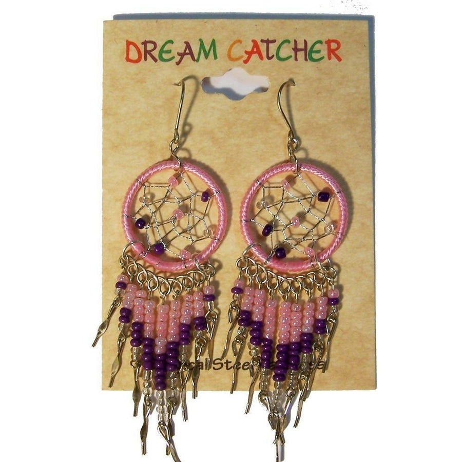 1 PAIR PINK DREAM CATCHER EARRINGS W SEED BEADS surgical steel womens EARRING Image 1