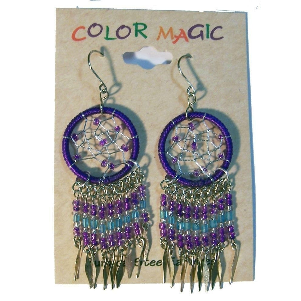 1 PAIR PURPLE DREAM CATCHER EARRINGS W SEED BEADS surgical steel womens EARRING Image 1