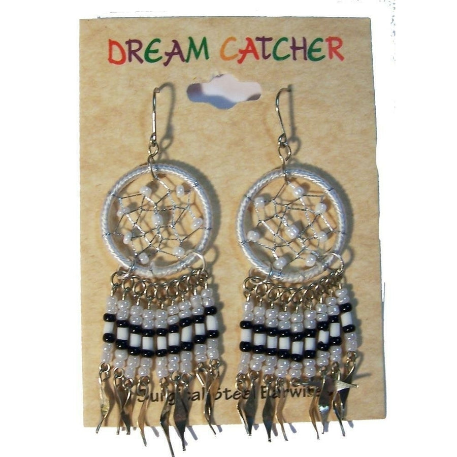 1 PAIR WHITE DREAM CATCHER EARRINGS W SEED BEADS surgical steel womens EARRING Image 1