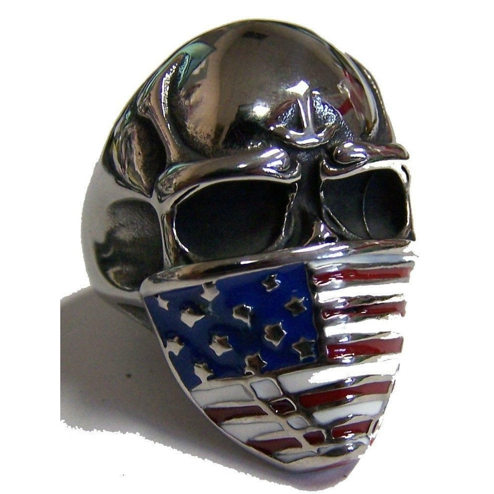 SKULL AMERICAN FLAG BANDANA STAINLESS STEEL RING size 7 silver metal S-526 biker Image 1