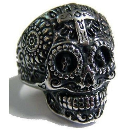 SUGAR SKULL HEAD W CROSS STAINLESS STEEL RING size 7 silver metal S-528 biker Image 1