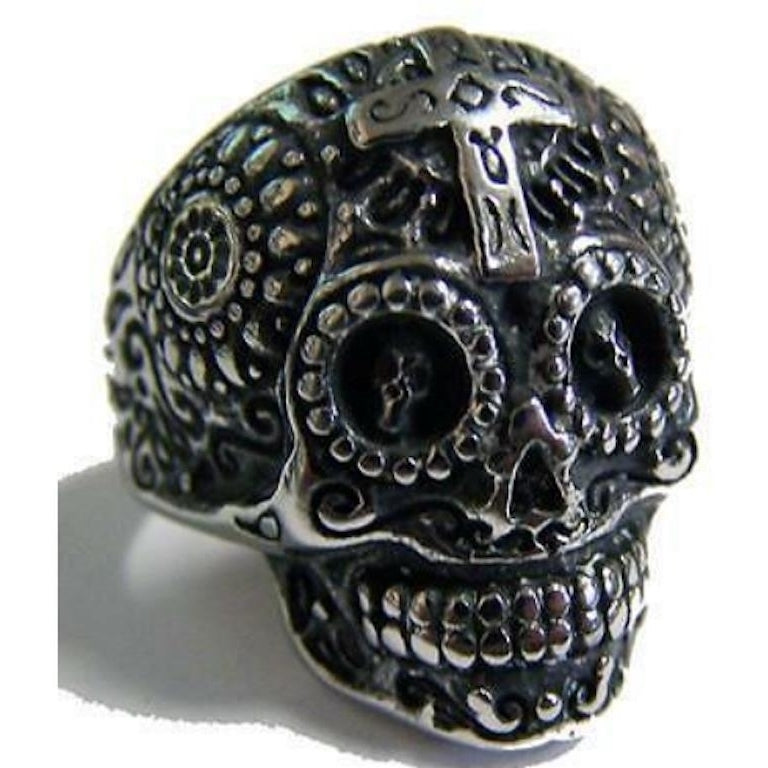 SUGAR SKULL HEAD W CROSS STAINLESS STEEL RING size 12 silver metal S-528 biker Image 1