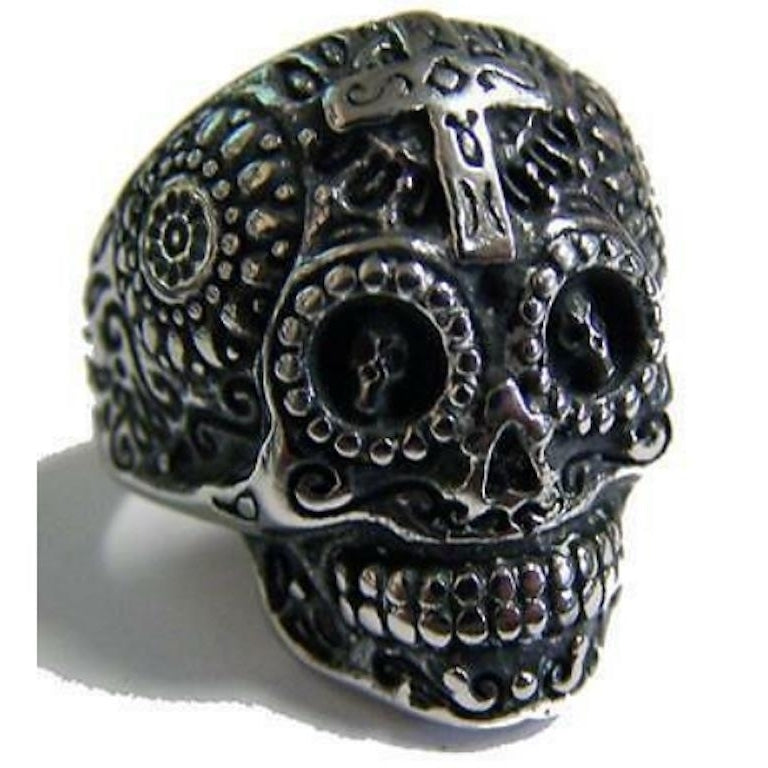 SUGAR SKULL HEAD W CROSS STAINLESS STEEL RING size 8 silver metal S-528 biker Image 1