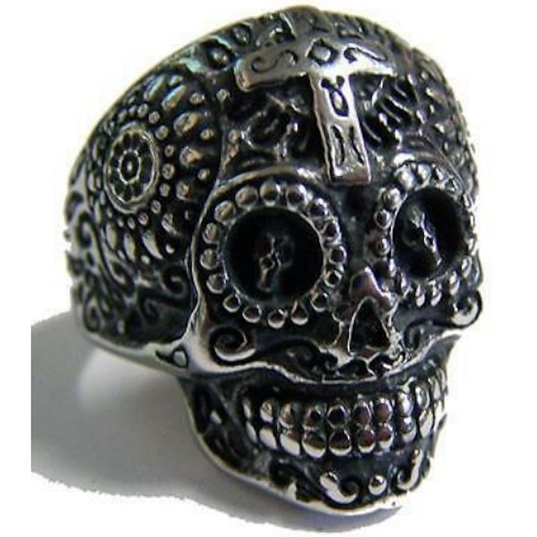 SUGAR SKULL HEAD W CROSS STAINLESS STEEL RING size 11 silver metal S-528 biker Image 1