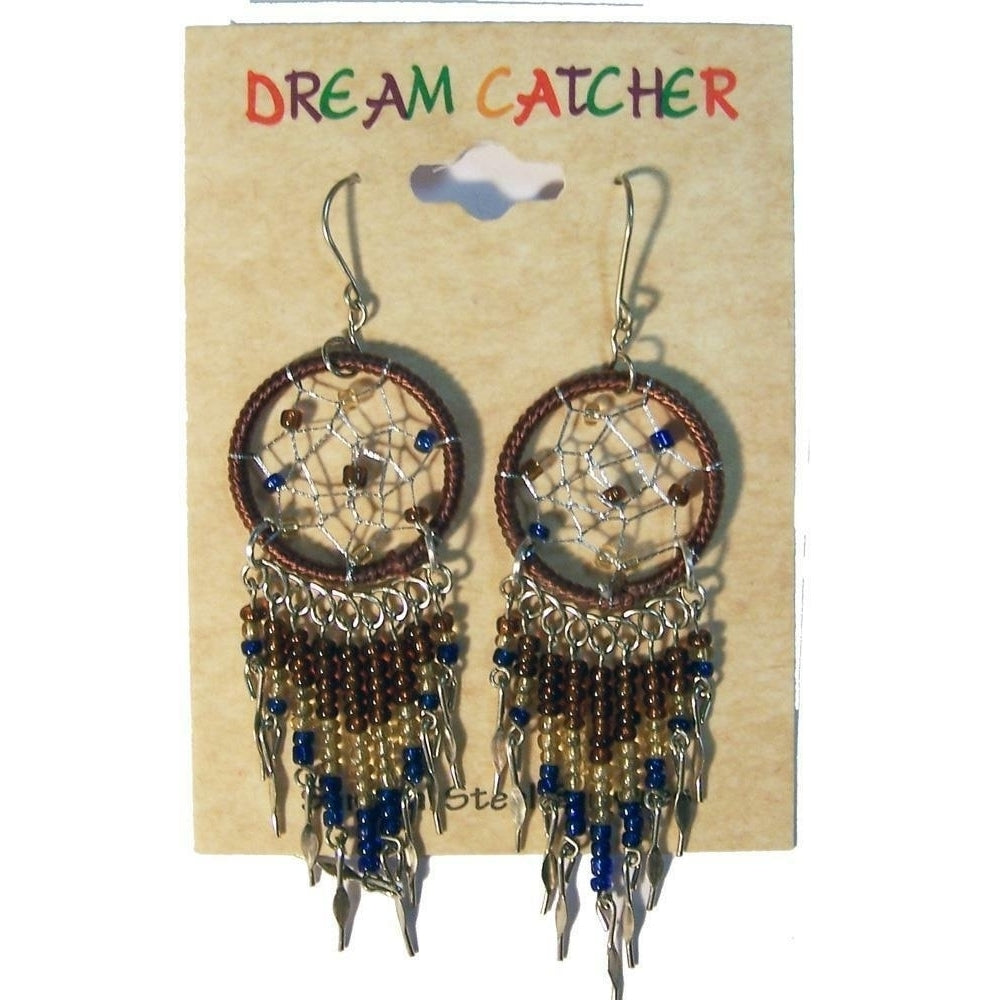 1 PAIR BROWN DREAM CATCHER EARRINGS W SEED BEADS surgical steel womens EARRING Image 1