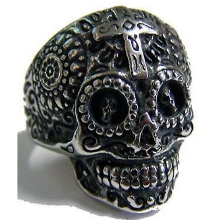 SUGAR SKULL HEAD W CROSS STAINLESS STEEL RING size 9 silver metal S-528 biker Image 1