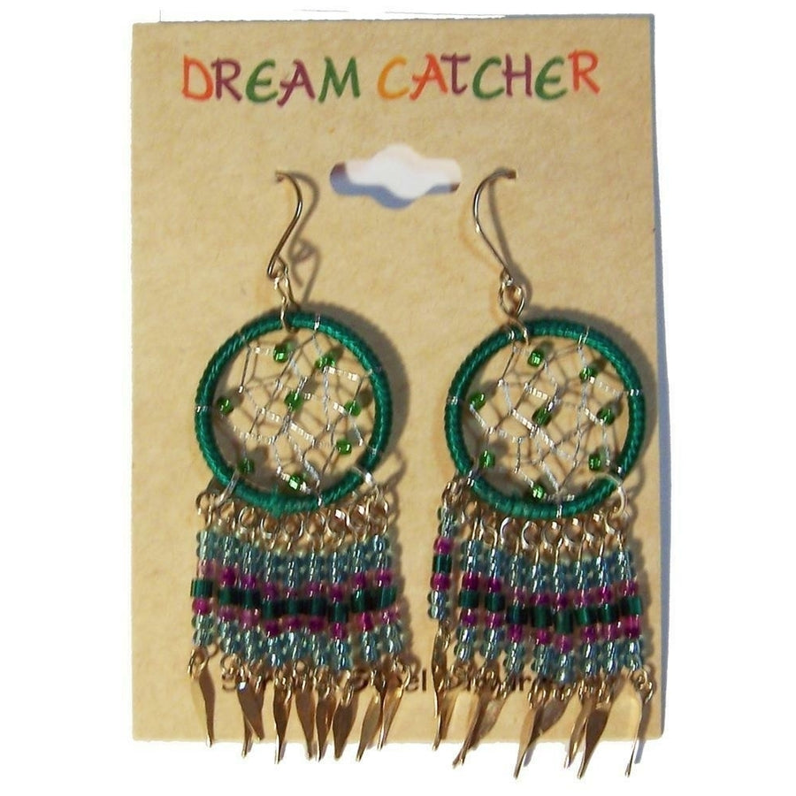 1 PAIR GREEN DREAM CATCHER EARRINGS W SEED BEADS surgical steel womens EARRING Image 1