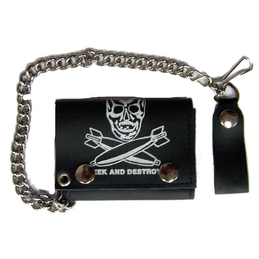 SKULL HEAD BOMBS TRIFOLD BIKER WALLET W CHAIN mens LEATHER 610 SEEK DISTROY Image 1