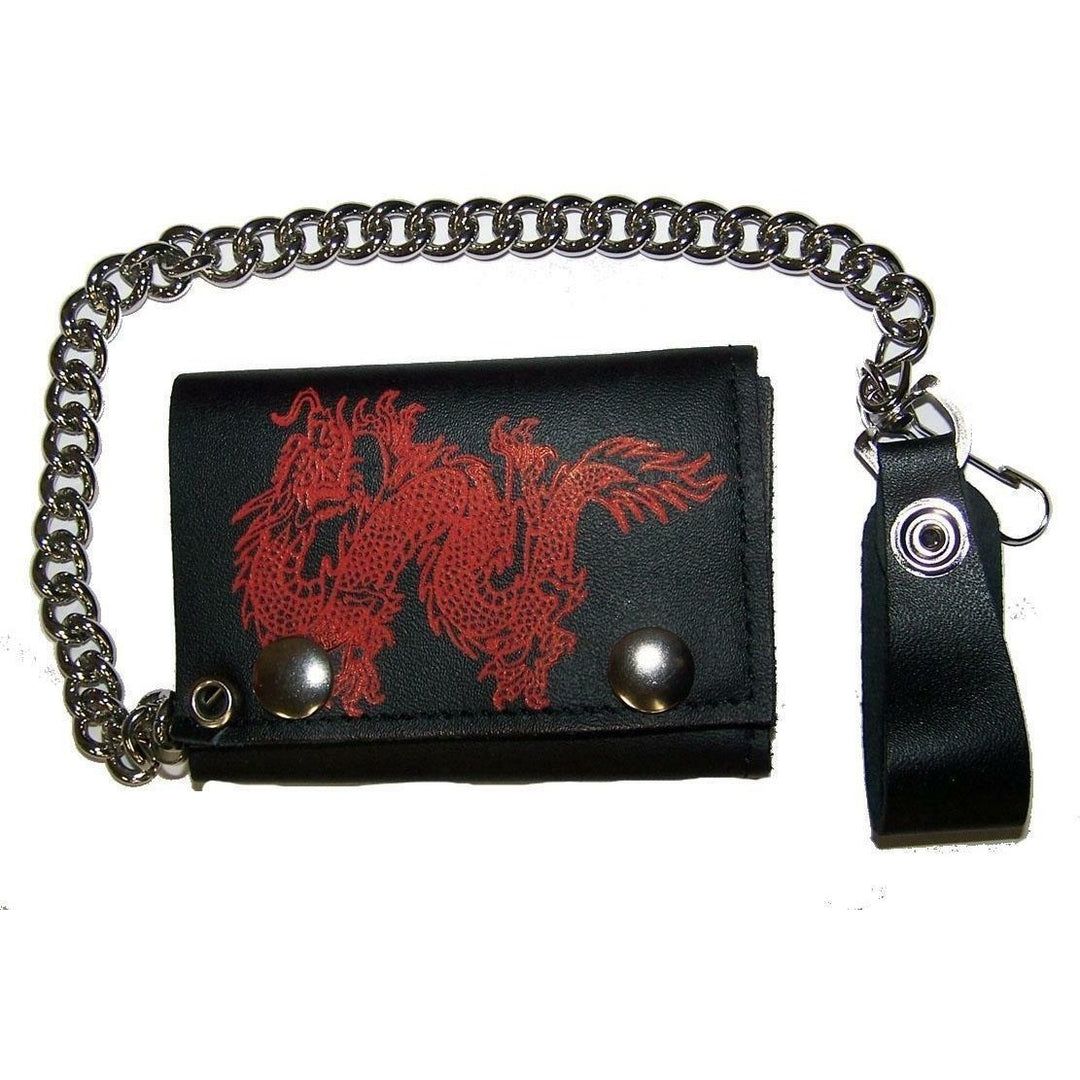 RED CHINESE DRAGON BIKER TRIFOLD WALLET WITH CHAIN LEATHER 620 trucker Image 1