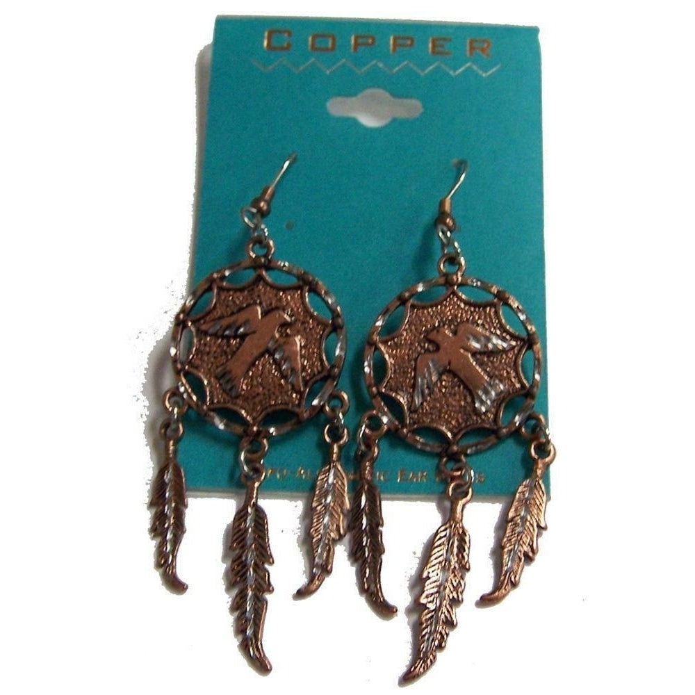 1 PAIR COPPER FLYING EAGLE DREAM CATCHER EARRINGS surgical steel DANGLING eagles Image 1