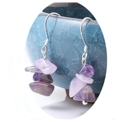 PURPLE AMETHYST STONE CHIPS DANGLE EARRINGS color crystal JL709 jewelry womens Image 1