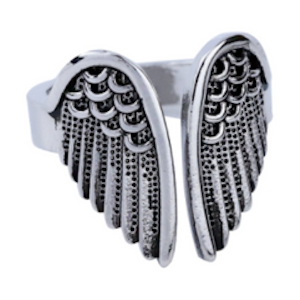 ADJUSTABLE WOMENS ANGEL WING SILVER METAL RING biker ladies one size wing BRX06 Image 1