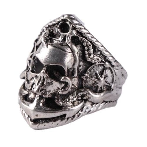 NAUTICAL PIRATE SKULL RING WITH ANCHOR and STARFISH ocean BRX067 skeleton META Image 2