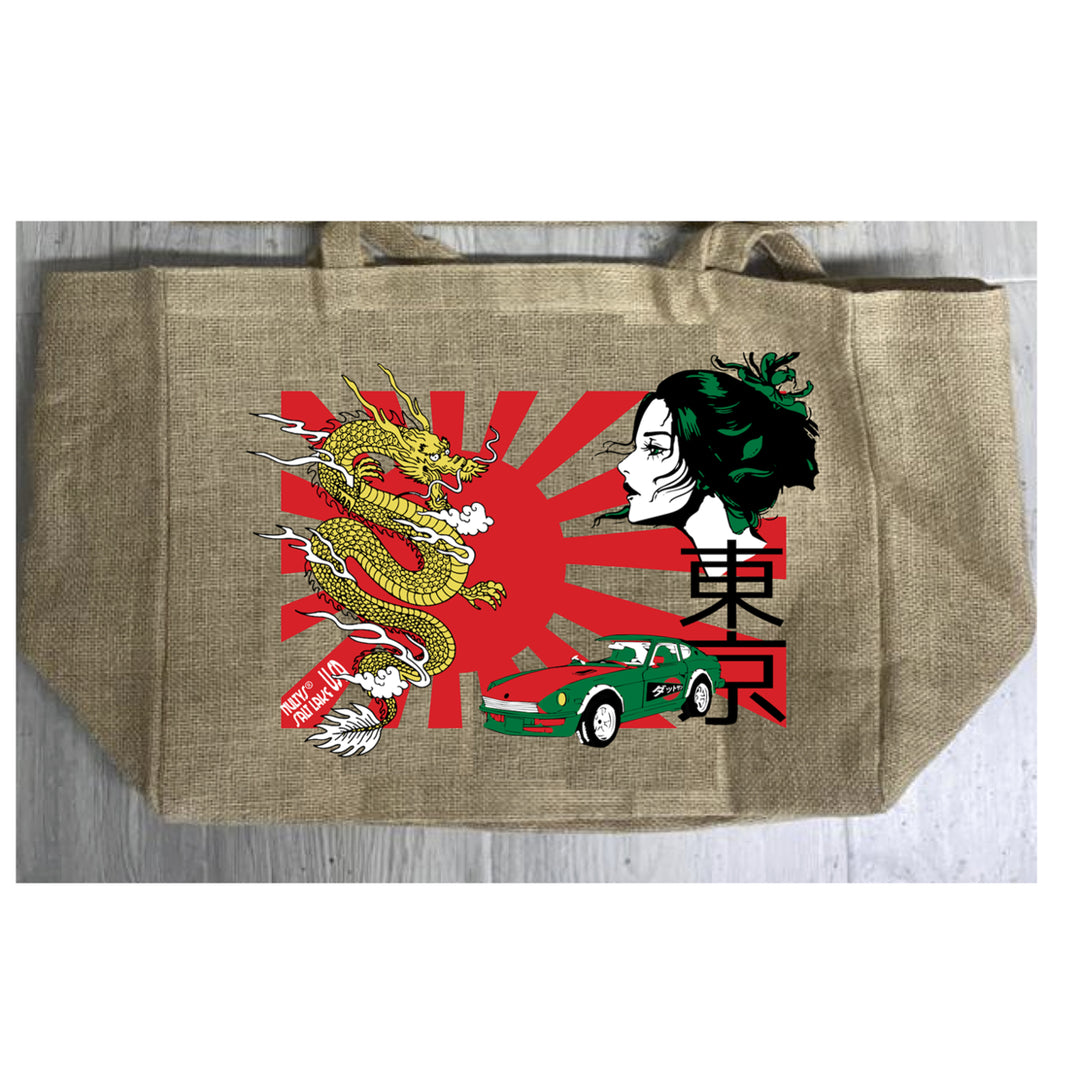 TOKYO SUN BURLAP TOTE BAG 964 japan dragon car reusable art woman Image 1