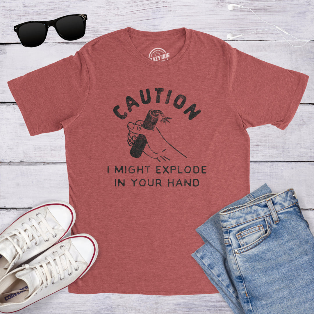 Mens Caution I Might Explode In Your Hand Tshirt Funny 4th Of July Firework Graphic Novelty Tee Image 4