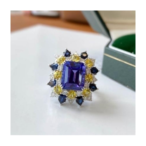 18K gold plated diamond inlaid imitation Tanzanite sapphire open color treasure ring Image 1