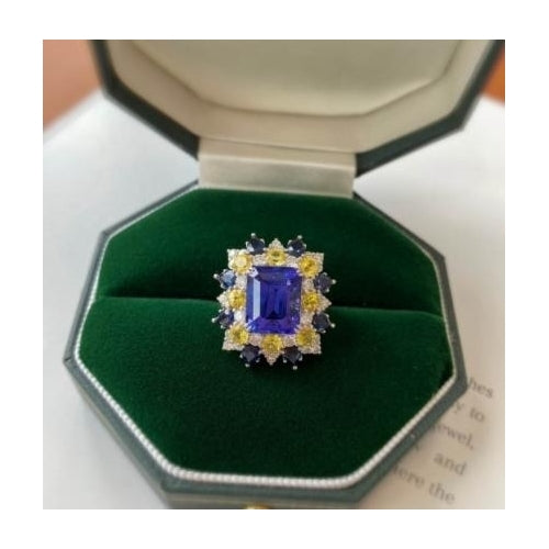 18K gold plated diamond inlaid imitation Tanzanite sapphire open color treasure ring Image 2