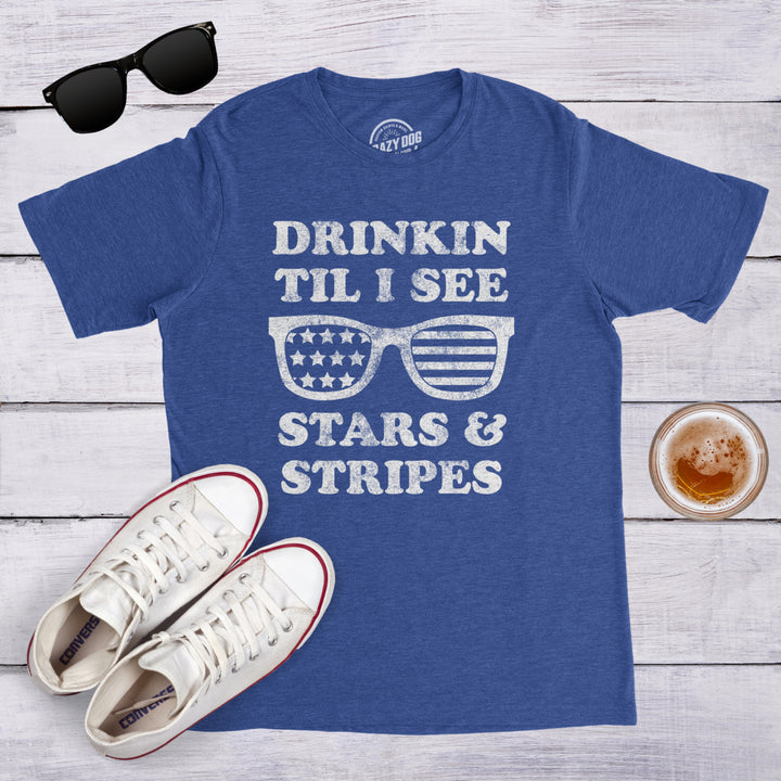 Mens Drinkin Til I See Stars And Stripes Tshirt Funny 4th Of July Sunglasses Graphic Tee Image 4