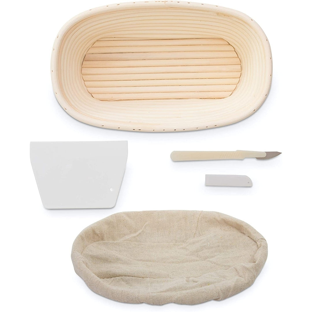 10-inch Oval Banneton Bread Proofing Basket Natural Rattan with Dough Scraper and Linen Liner Image 1