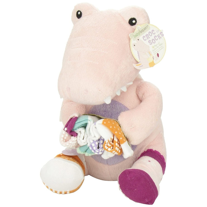 Baby Aspen Croc in Socks Plush Toy and Baby Socks Gift Set Pink Image 4