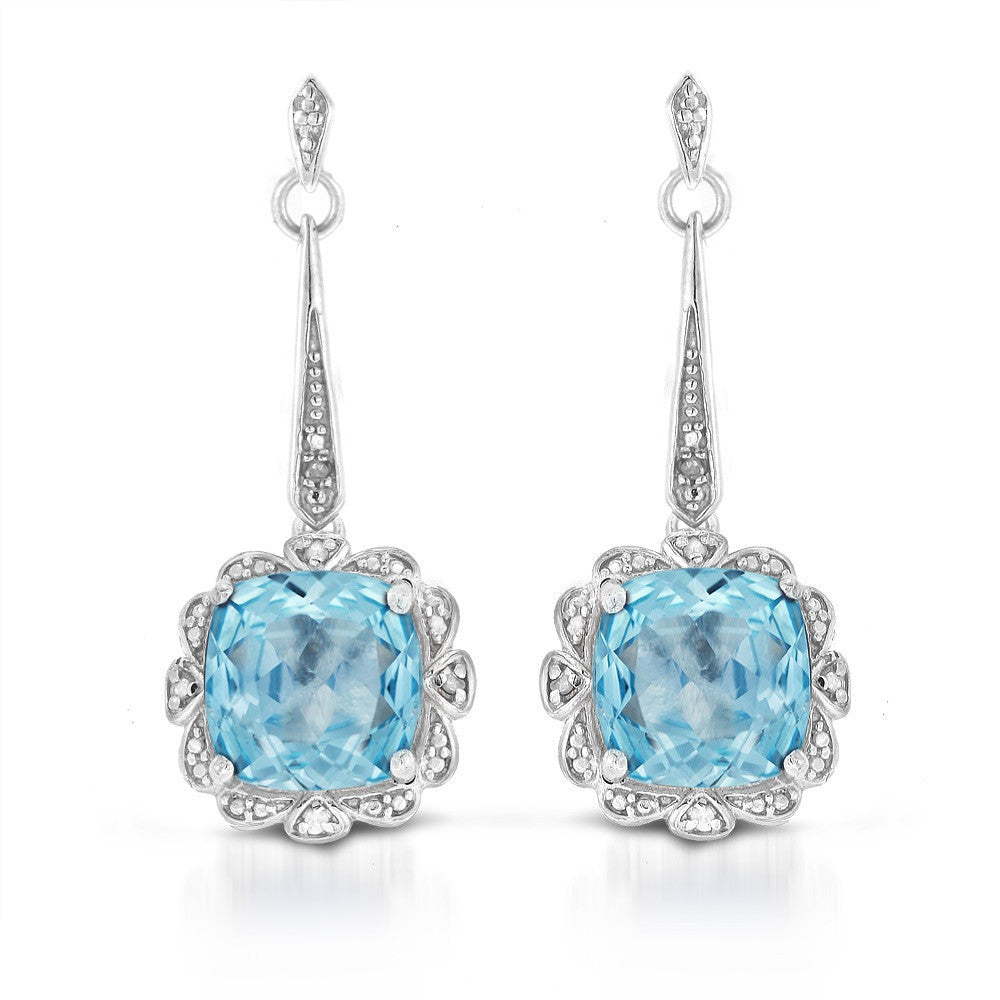 Cushion Cut Blue Topaz and Diamond Drop Earrings in Sterling Silver Image 1