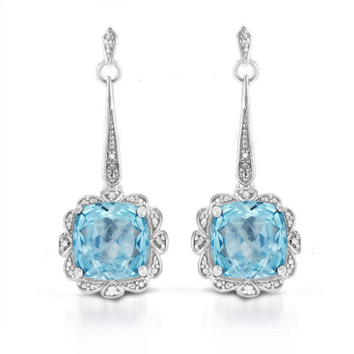 Cushion Cut Blue Topaz and Diamond Drop Earrings in Sterling Silver Image 1