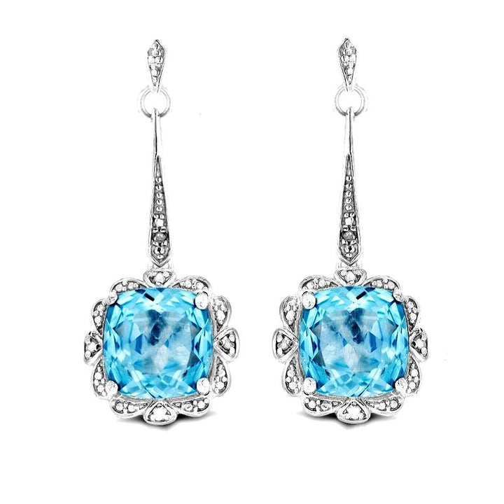 Cushion Cut Blue Topaz and Diamond Drop Earrings in Sterling Silver Image 2