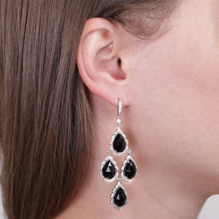 Genuine Onyz and CZ Chandelier Drop Earrings in Sterling Silver Image 2