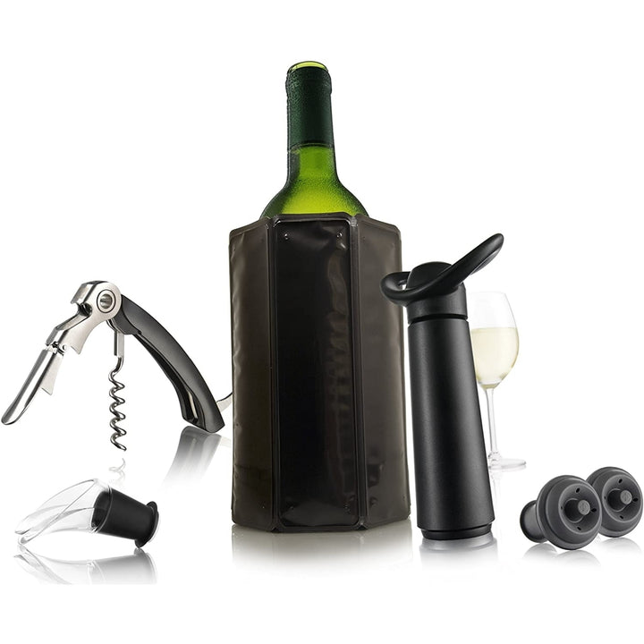 Vacu Vin Wine Essentials Gift Set in Black - Wine Saver Pump2 x Vacuum Bottle StoppersWine CoolerWaiters Image 2