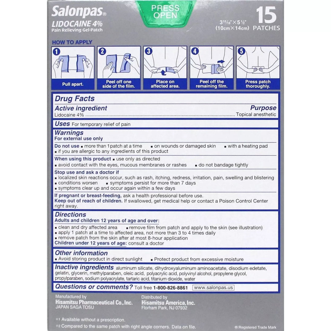 Salonpas LIDOCAINE Pain Relieving Maximum Strength Gel 15Patch Image 3