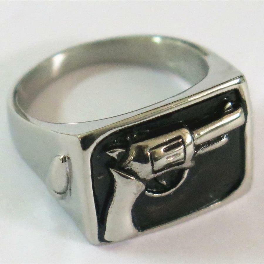 HAND PISTOL GUN STAINLESS STEEL RING size 14 silver metal S-507 2nd amendment Image 1