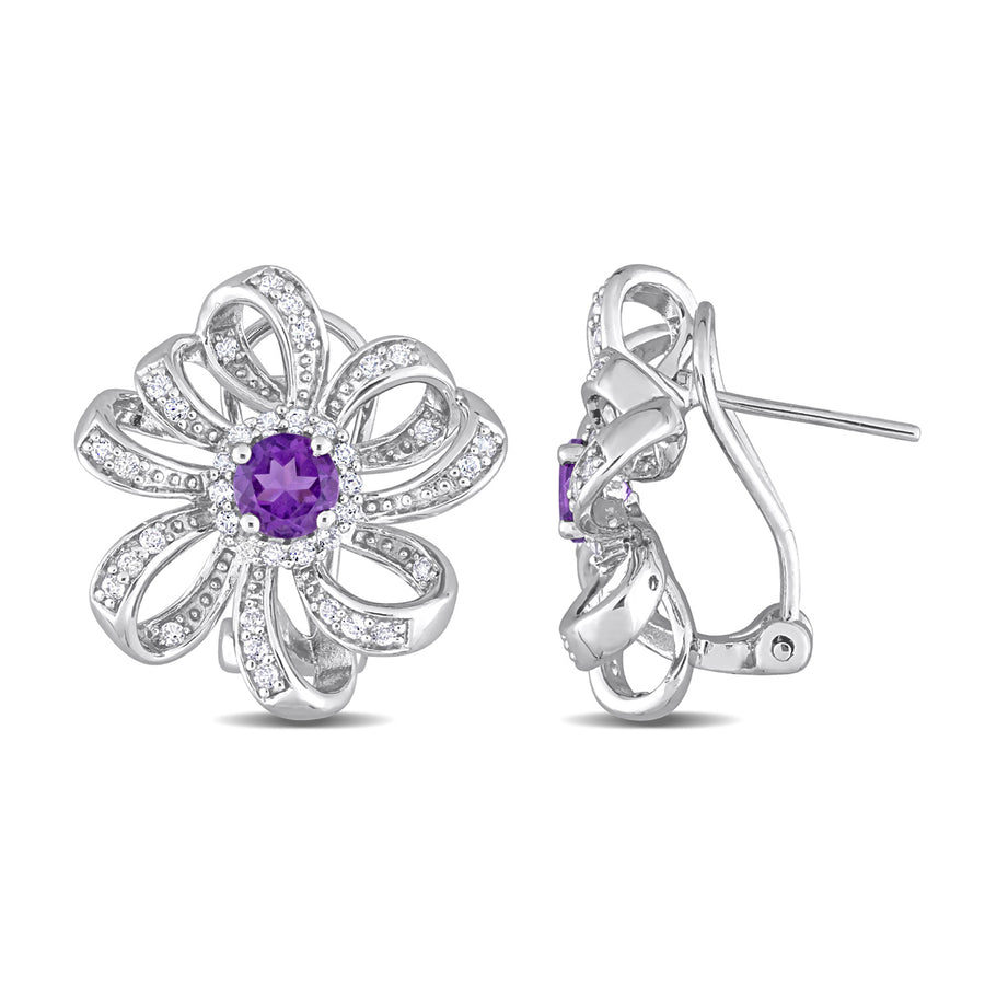 1.60 Carat (ctw) African Amethyst and White Topaz Flower Earrings in Sterling Silver Image 1