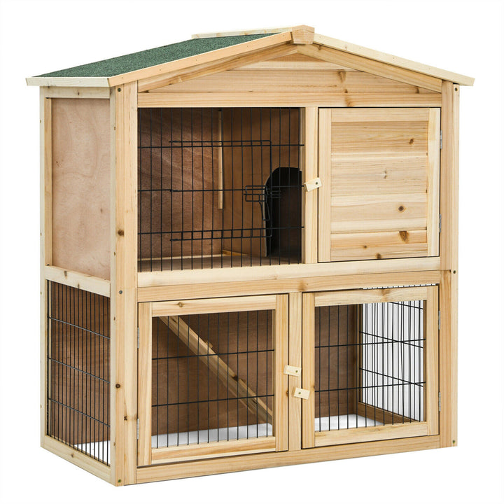 35'' Wooden Chicken Coop Large Bunny Rabbit Cage w/ Ramp Indoor Outdoor Pet House Image 1