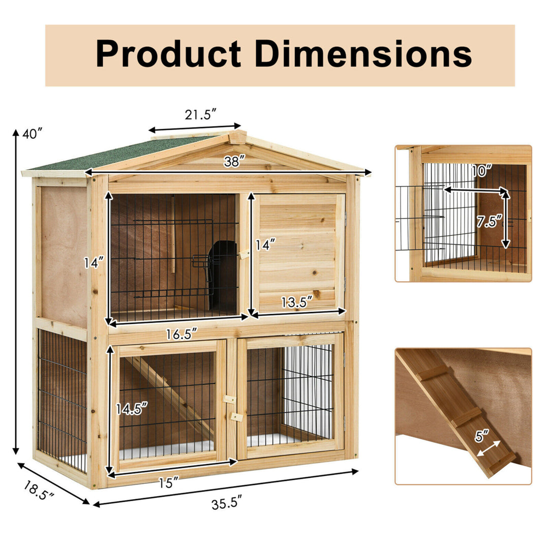 35'' Wooden Chicken Coop Large Bunny Rabbit Cage w/ Ramp Indoor Outdoor Pet House Image 2