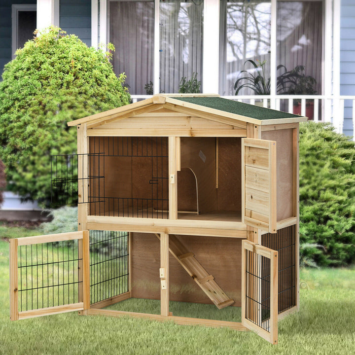35'' Wooden Chicken Coop Large Bunny Rabbit Cage w/ Ramp Indoor Outdoor Pet House Image 3