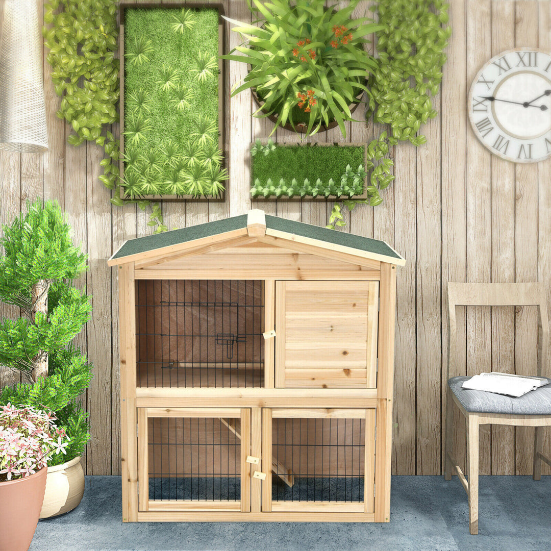 35'' Wooden Chicken Coop Large Bunny Rabbit Cage w/ Ramp Indoor Outdoor Pet House Image 4