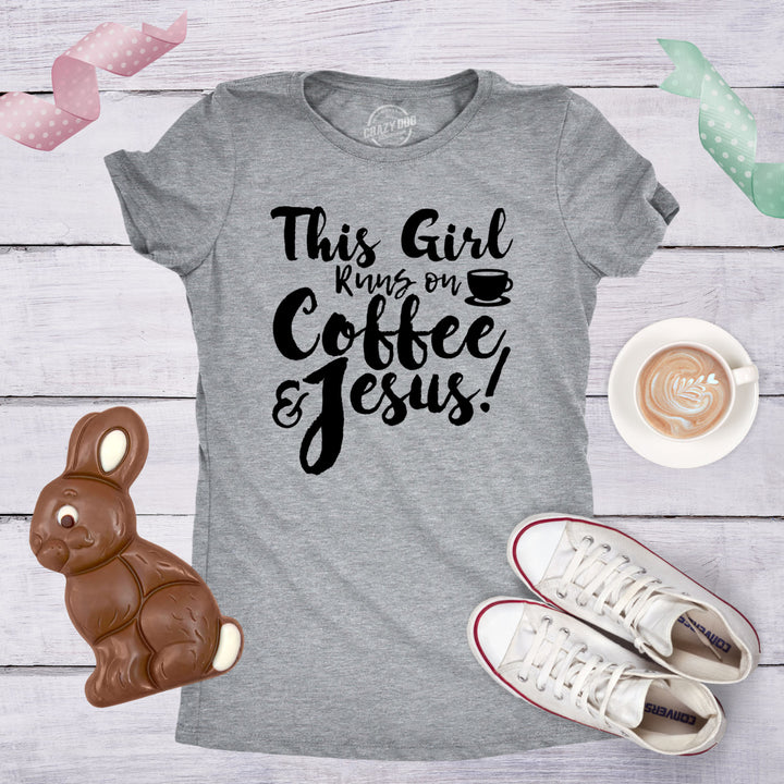 Womens This Girl Runs Off Coffee And Jesus T Shirt Funny Faith Church Cool Tee Image 4