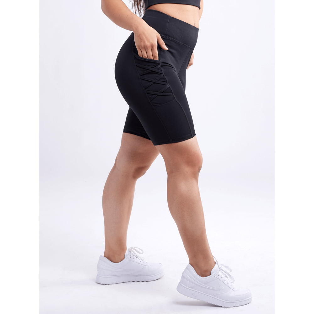 High-Waisted Workout Shorts with Pockets & Criss Cross Design Image 2