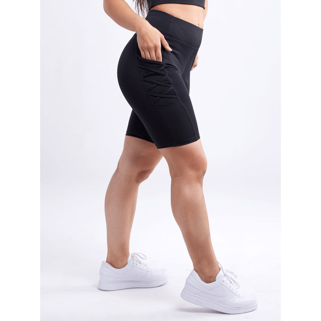 High-Waisted Workout Shorts with Pockets and Criss Cross Design Image 2