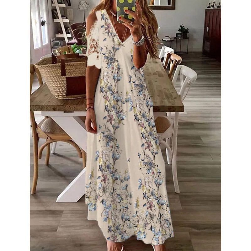 V neck Off Shoulder Butterfly Floral Vacation Maxi Dresses Image 1