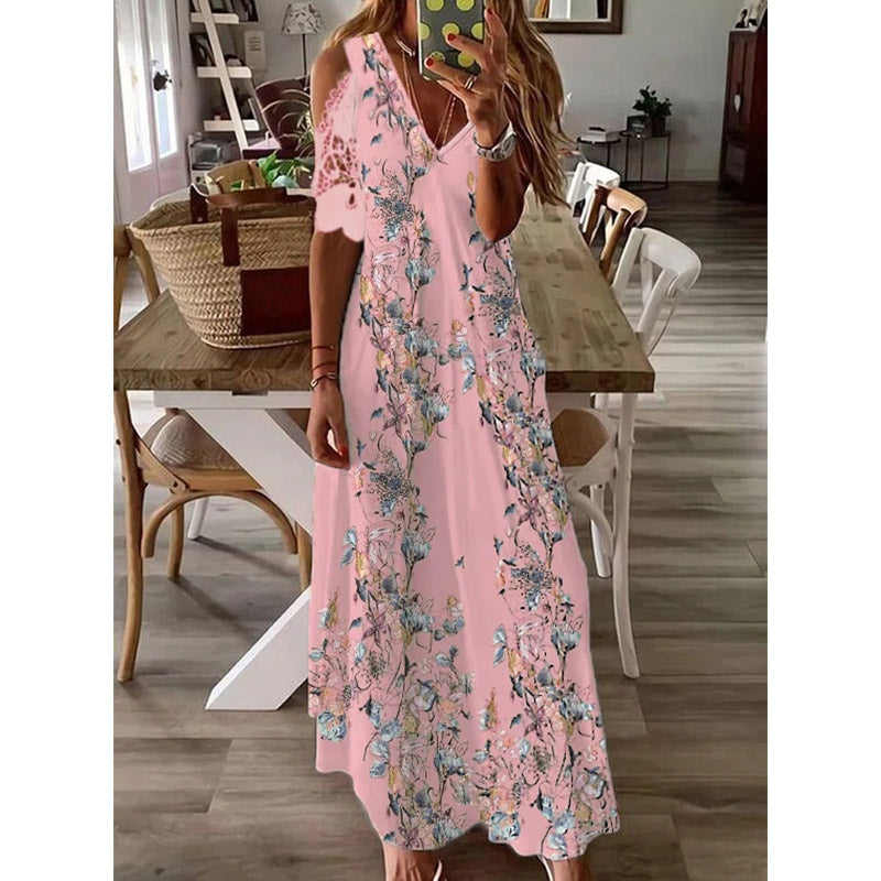 V neck Off Shoulder Butterfly Floral Vacation Maxi Dresses Image 2