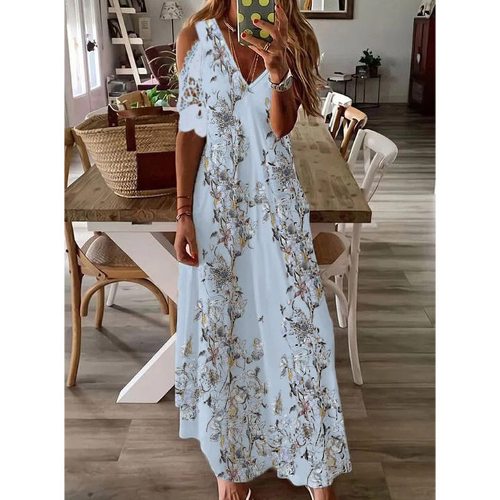 V neck Off Shoulder Butterfly Floral Vacation Maxi Dresses Image 3