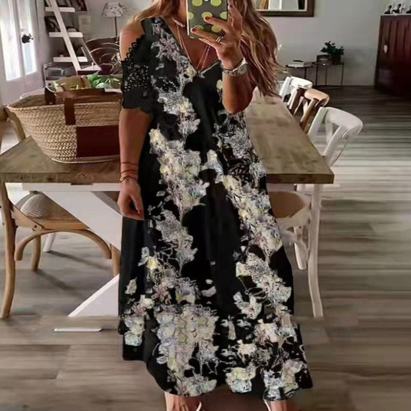 V neck Off Shoulder Butterfly Floral Vacation Maxi Dresses Image 4