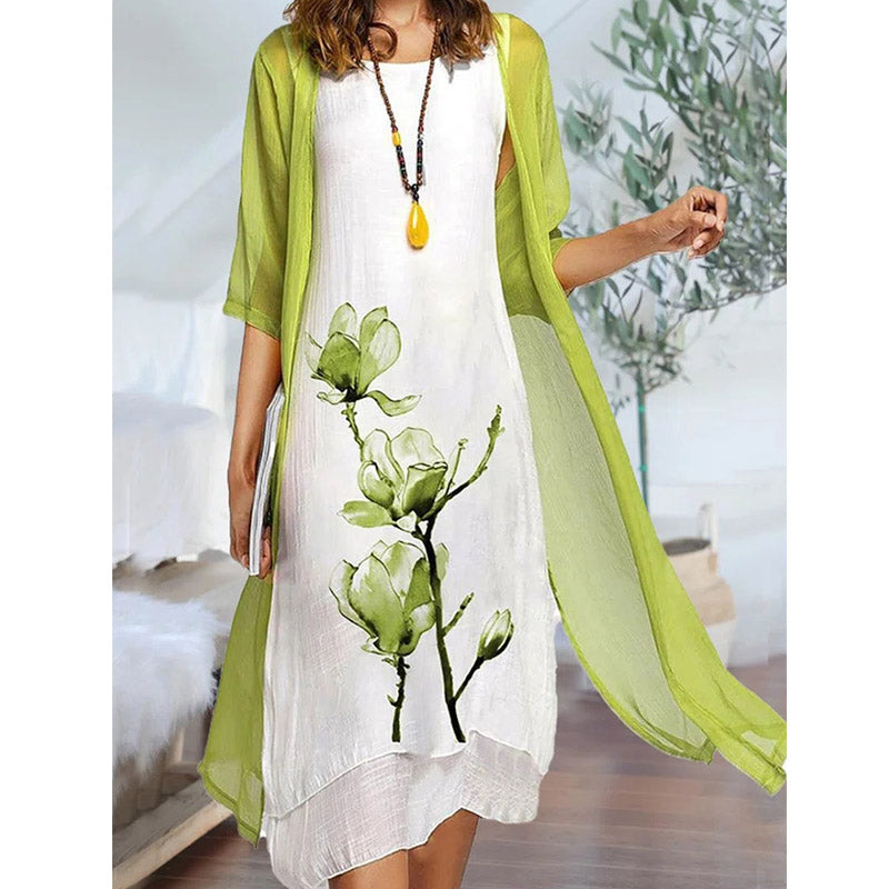 Round Neck Two Piece Floral Linen Casual Midi Dresses Image 1